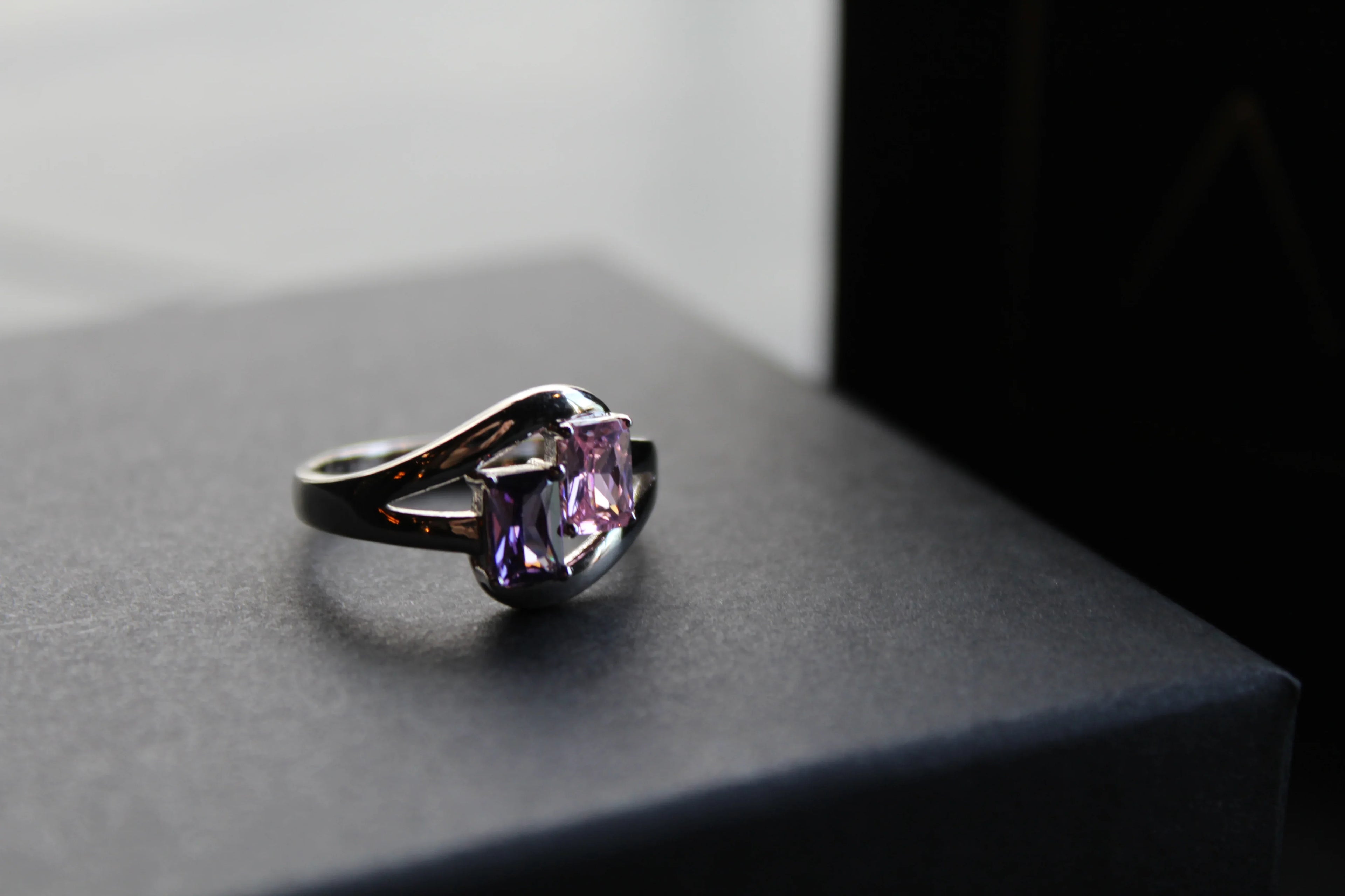 Amethyst & Pink Baguette Cut CZ Ring - Swax Jewellery Barmouth
