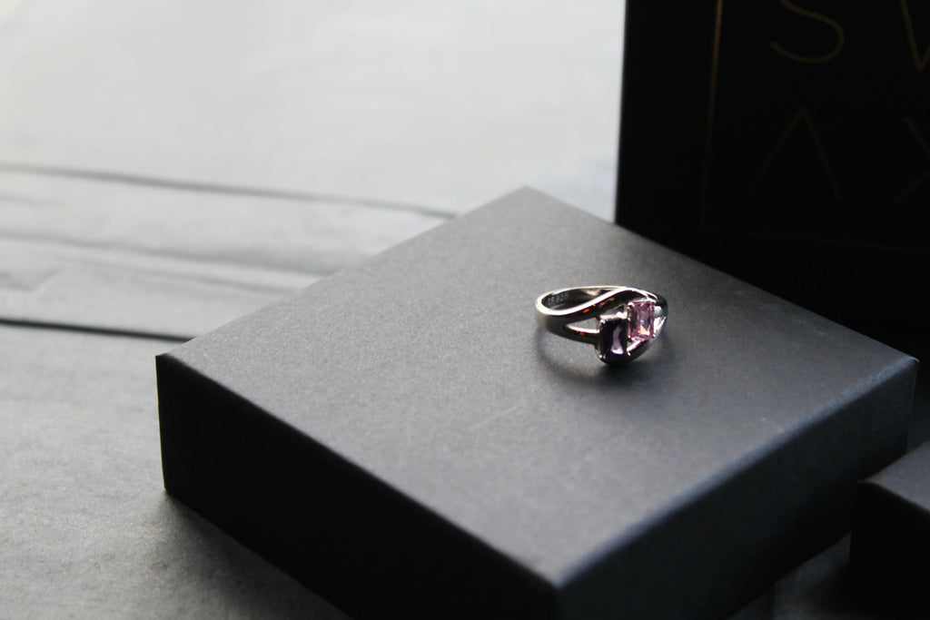 Amethyst & Pink Baguette Cut CZ Ring - Swax Jewellery Barmouth