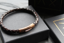 Load image into Gallery viewer, Antique Brown Leather Bracelet Rose IP Plate Clasp
