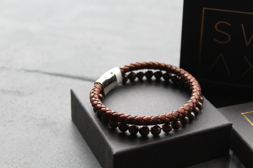 Antique Dark Brown Leather Bracelet with faux Tiger's Eye