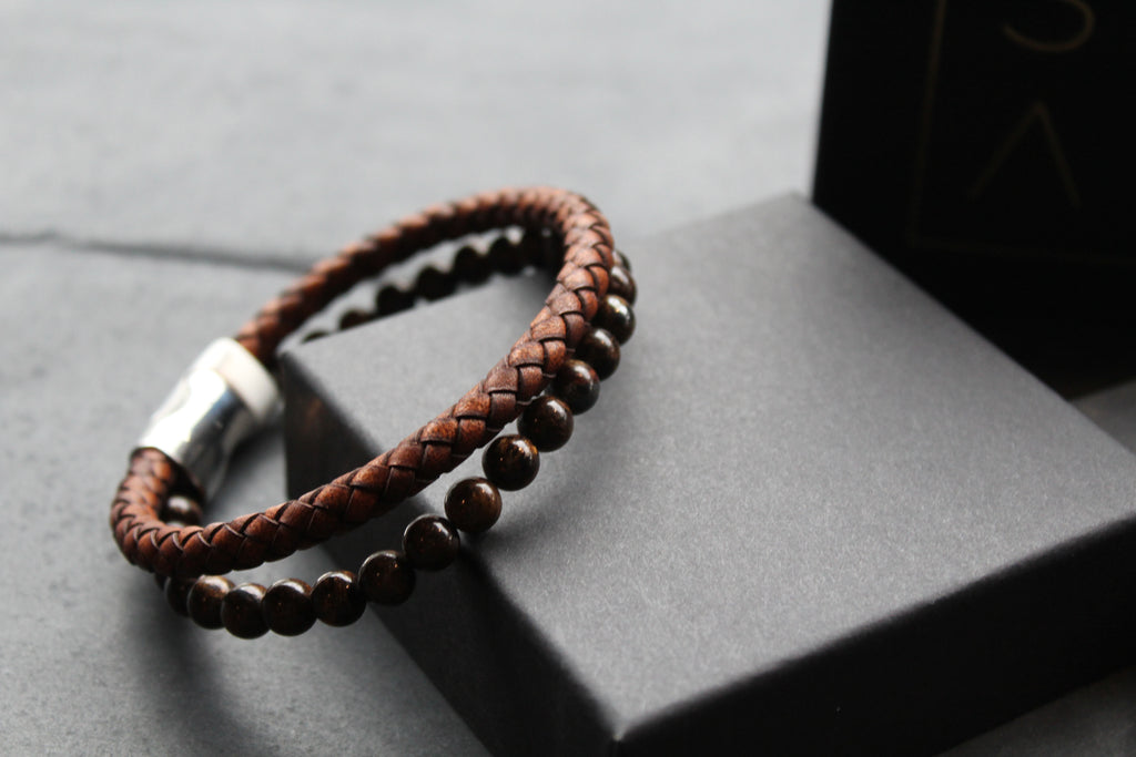 Antique Dark Brown Leather Bracelet with faux Tiger's Eye