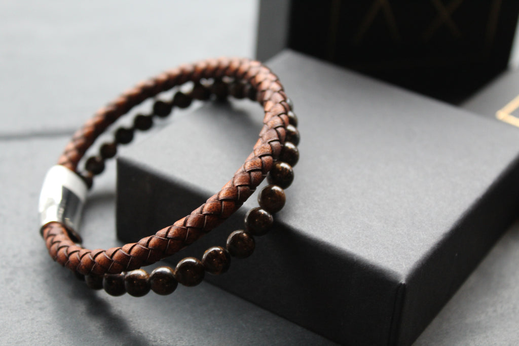 Antique Dark Brown Leather Bracelet with faux Tiger's Eye