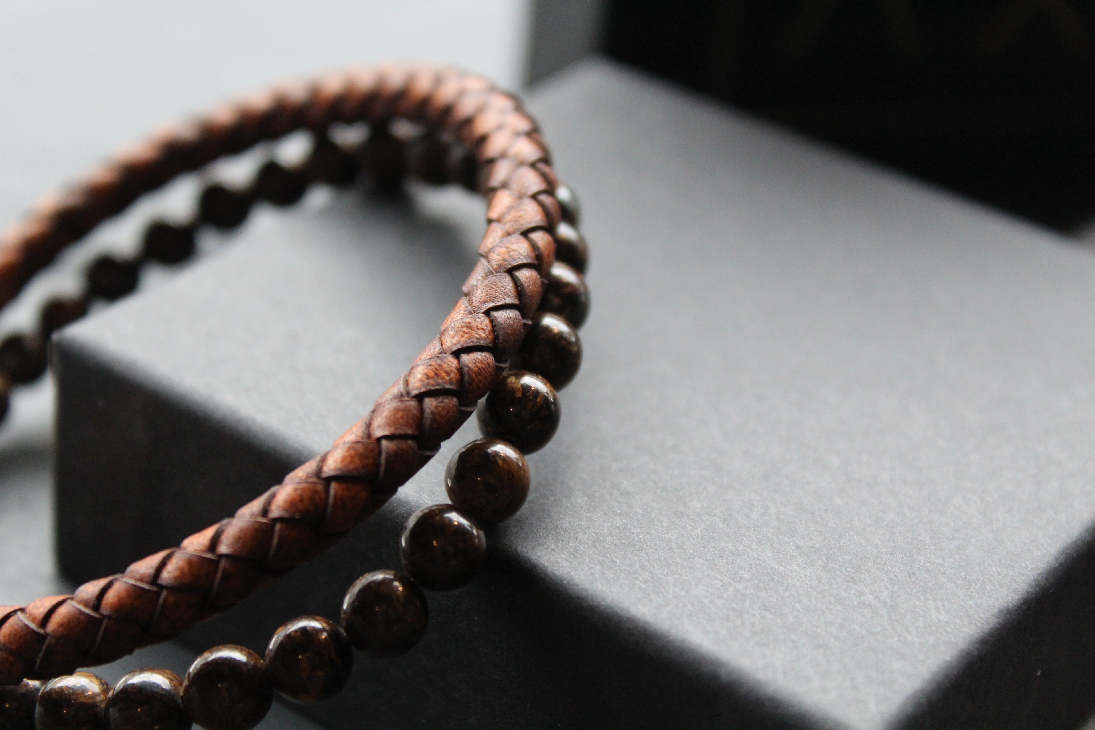 Antique Dark Brown Leather Bracelet with faux Tiger's Eye