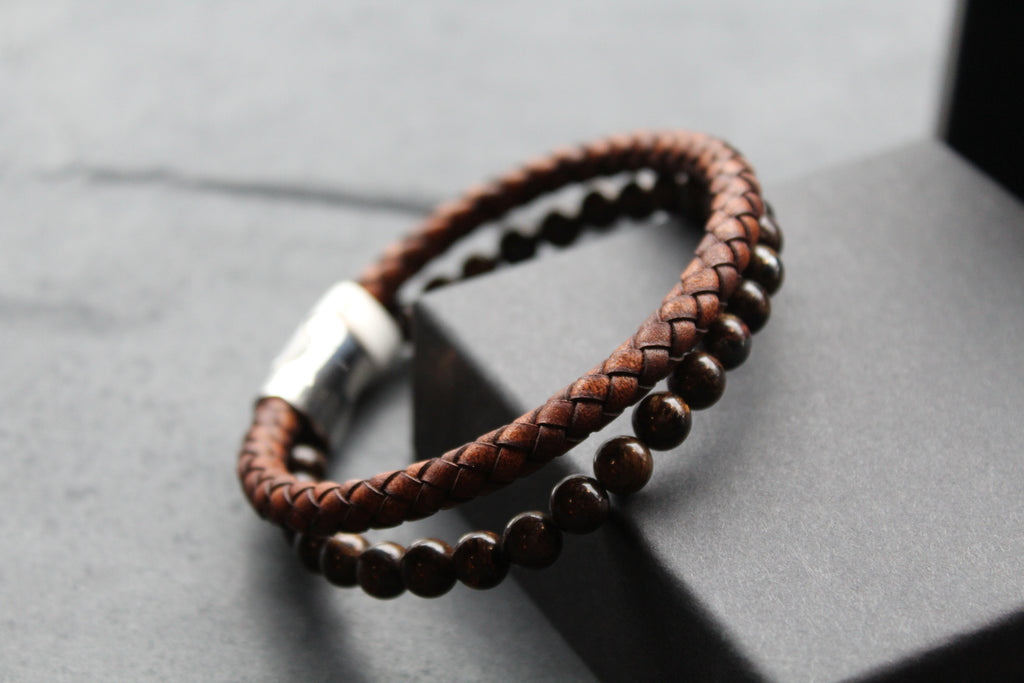 Antique Dark Brown Leather Bracelet with faux Tiger's Eye