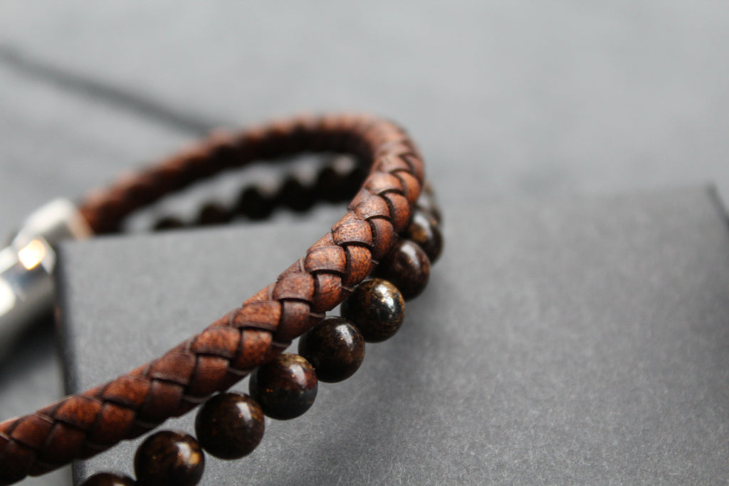 Antique Dark Brown Leather Bracelet with faux Tiger's Eye