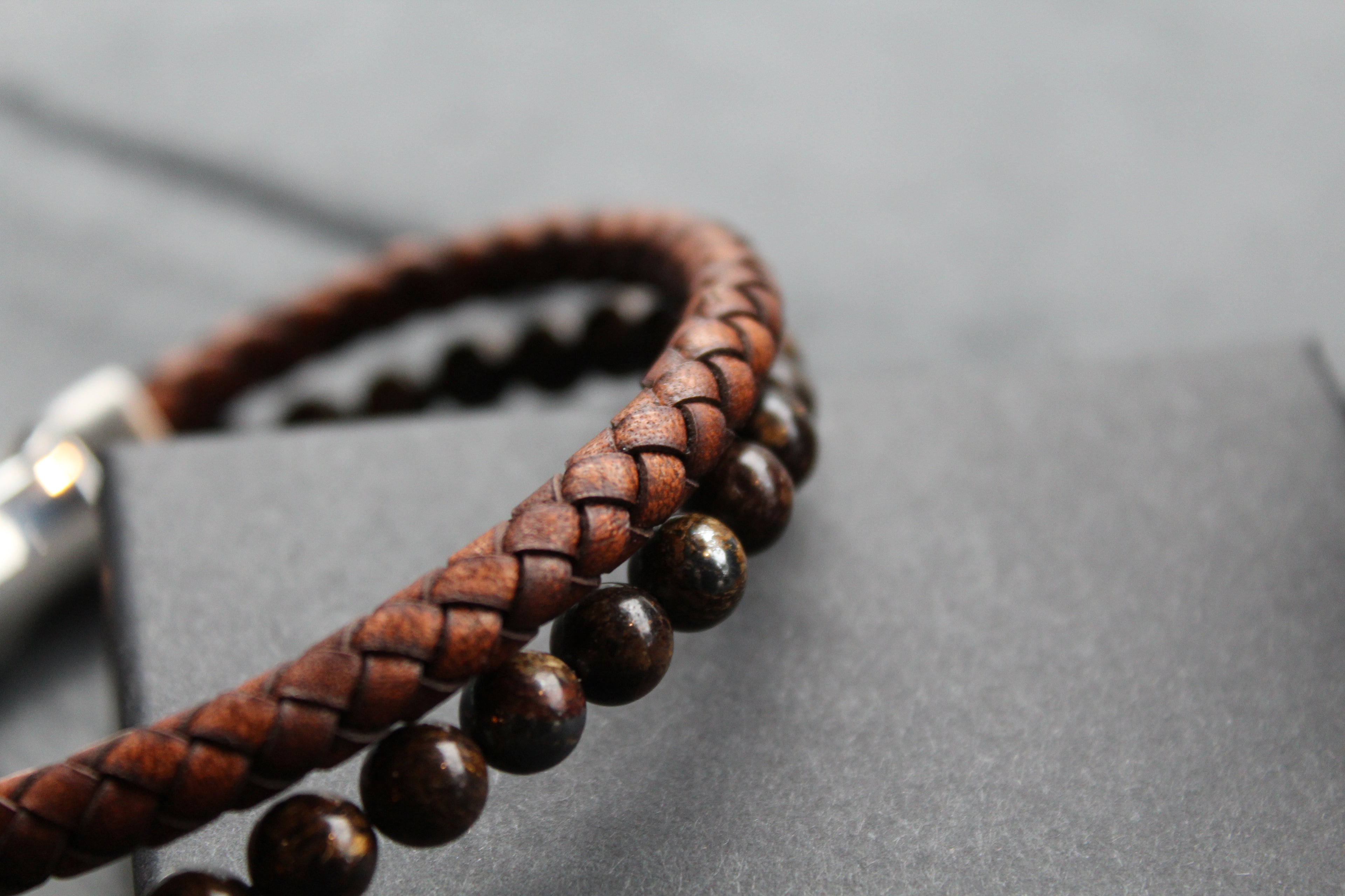 Antique Dark Brown Leather Bracelet with faux Tiger's Eye