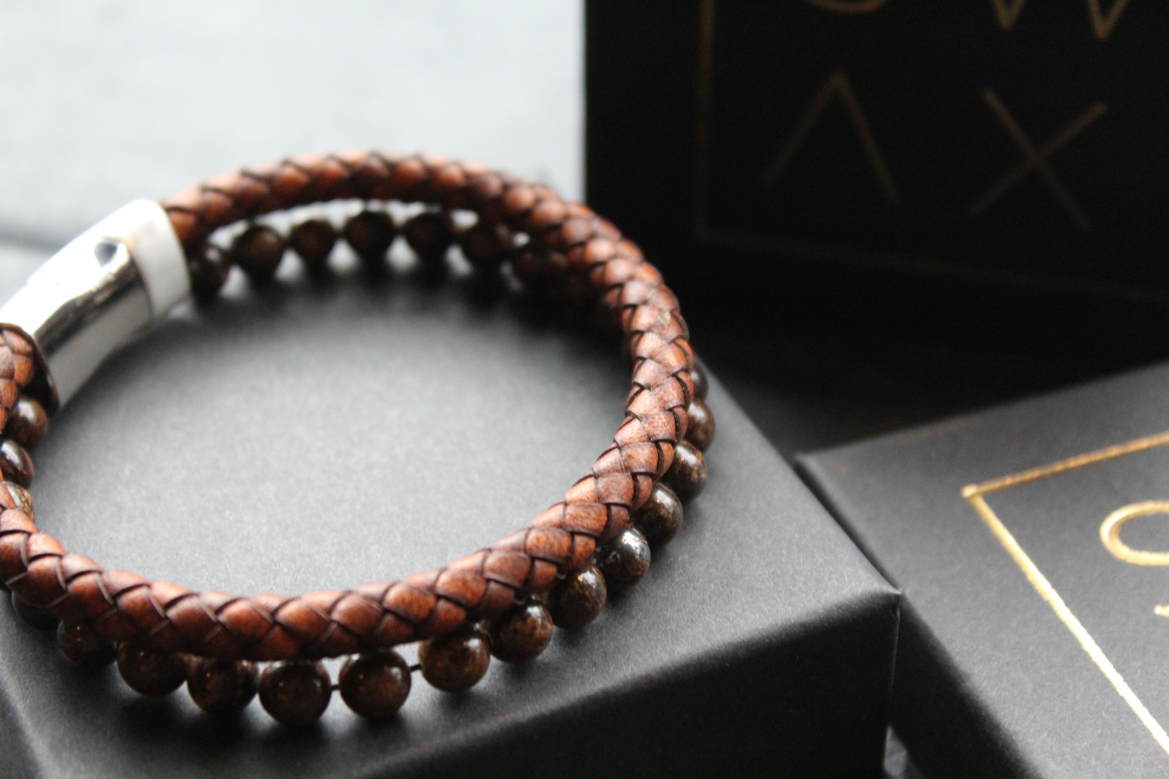 Antique Dark Brown Leather Bracelet with faux Tiger's Eye