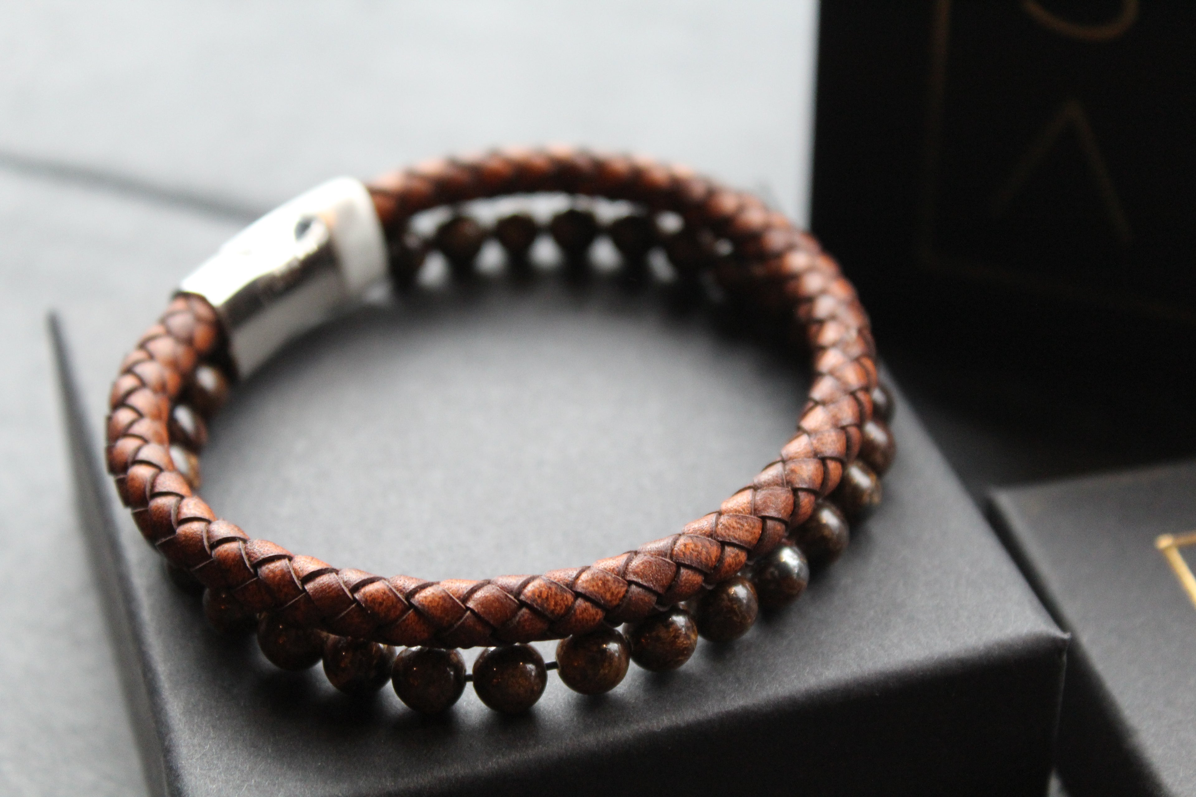 Antique Dark Brown Leather Bracelet with faux Tiger's Eye