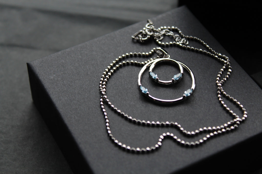 Aqua CZ Double Ring Pendant 18" Chain