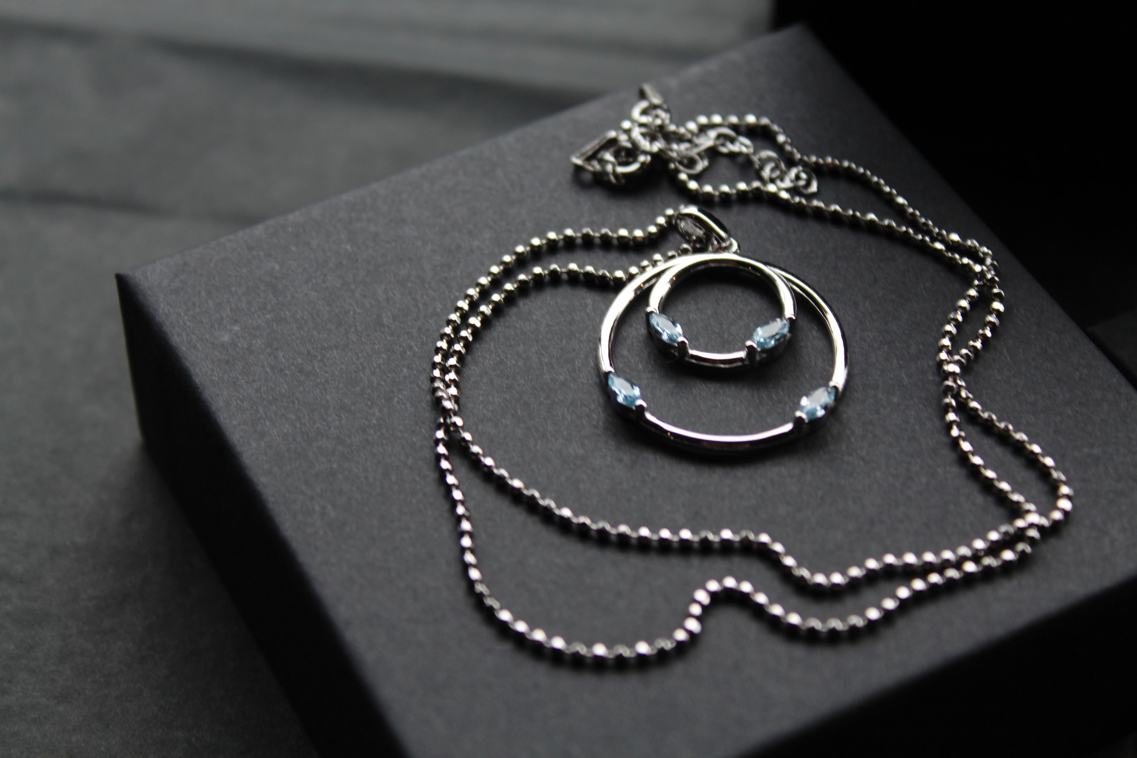 Aqua CZ Double Ring Pendant 18" Chain
