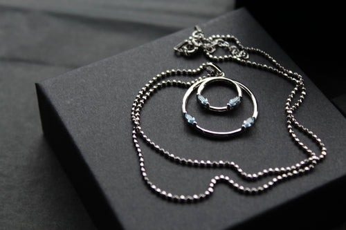 Aqua CZ Double Ring Pendant 18" Chain