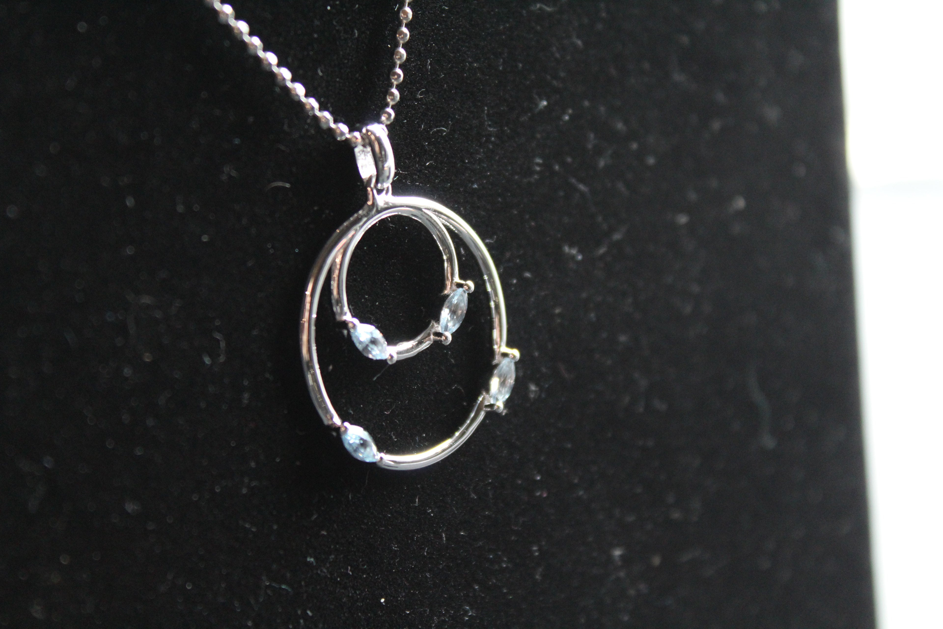 Aqua CZ Double Ring Pendant 18" Chain