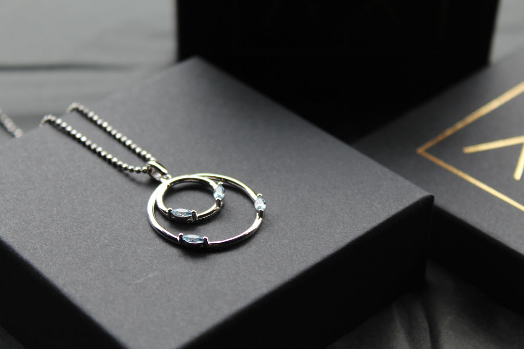 Aqua CZ Double Ring Pendant 18" Chain