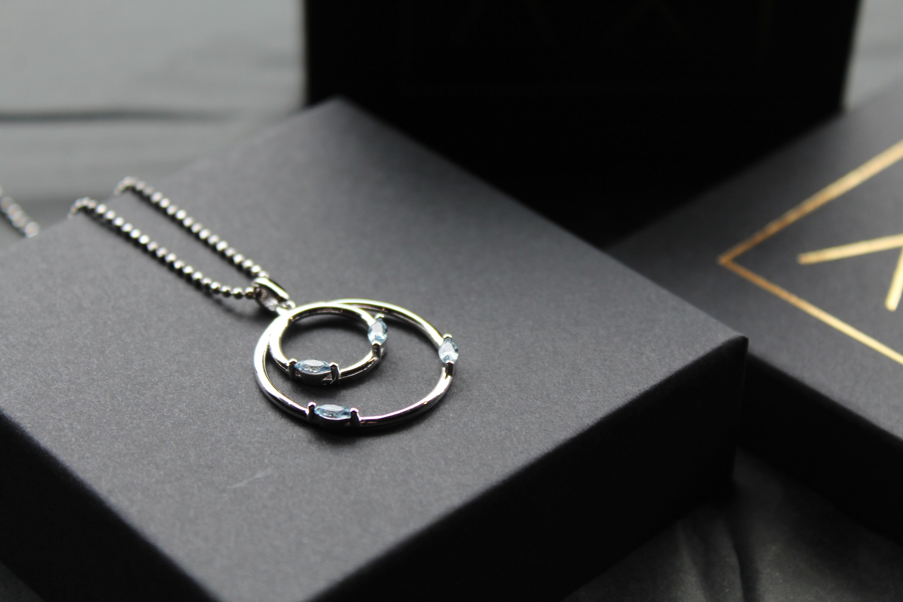 Aqua CZ Double Ring Pendant 18" Chain