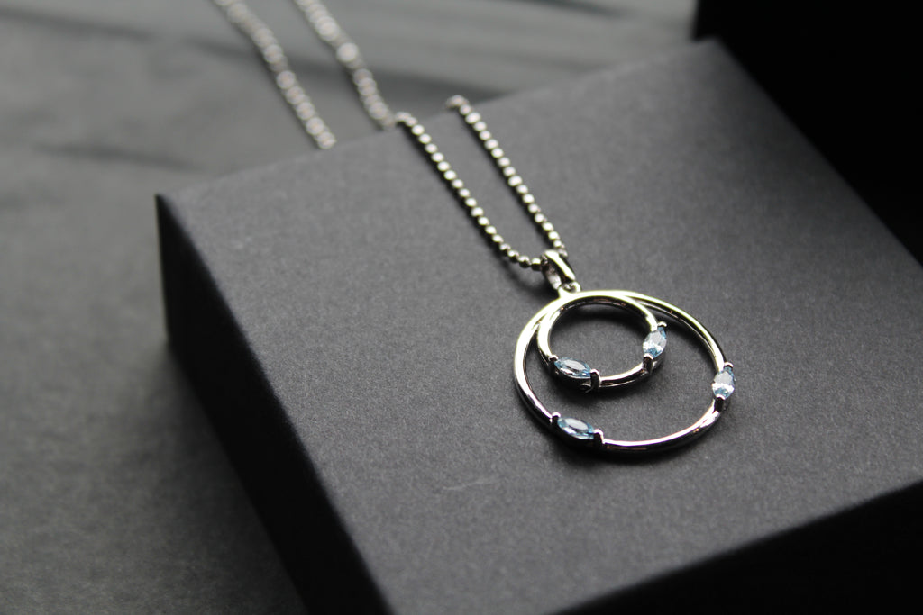 Aqua CZ Double Ring Pendant 18" Chain