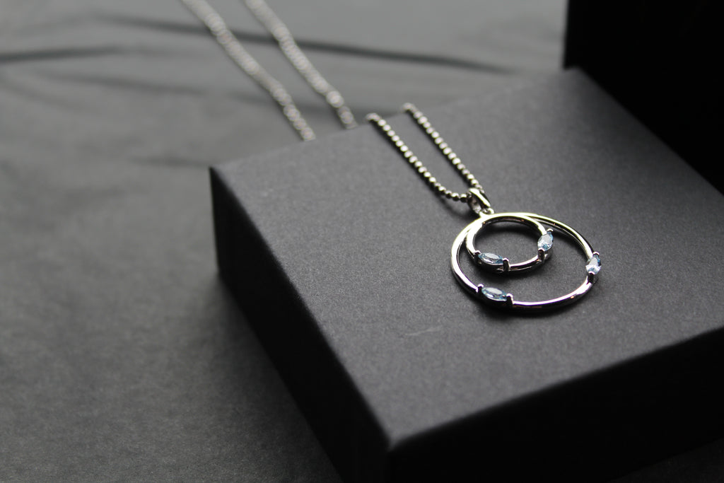 Aqua CZ Double Ring Pendant 18" Chain