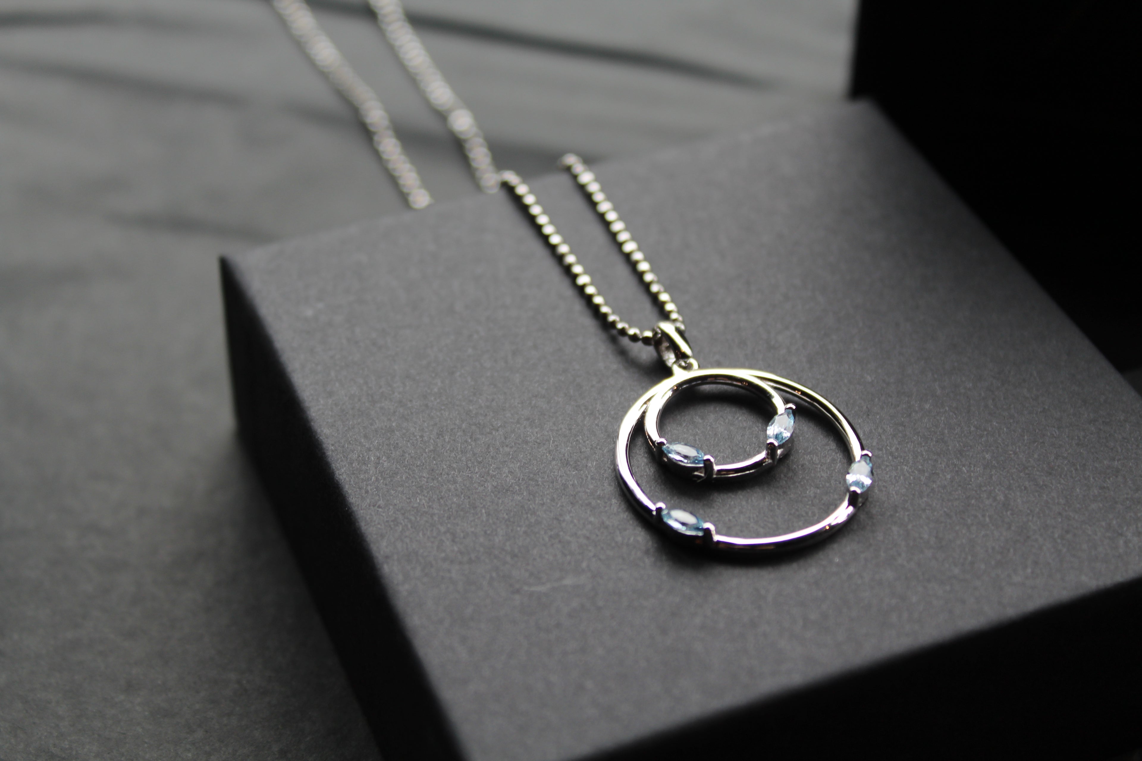Aqua CZ Double Ring Pendant 18" Chain