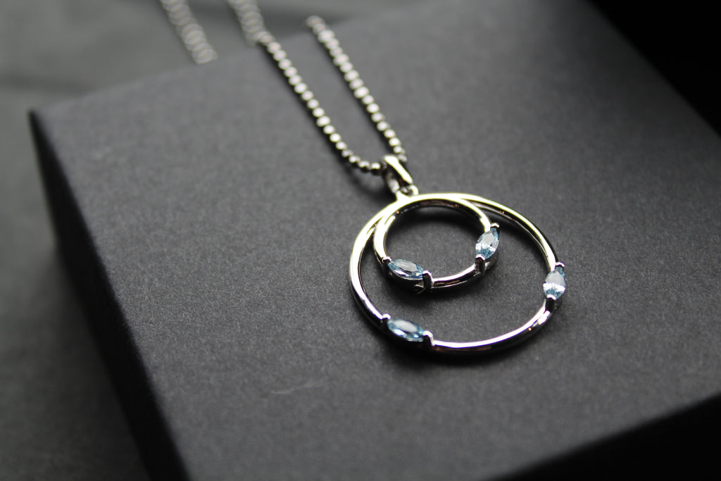 Aqua CZ Double Ring Pendant 18" Chain