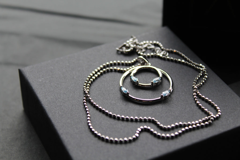 Aqua CZ Double Ring Pendant 18" Chain