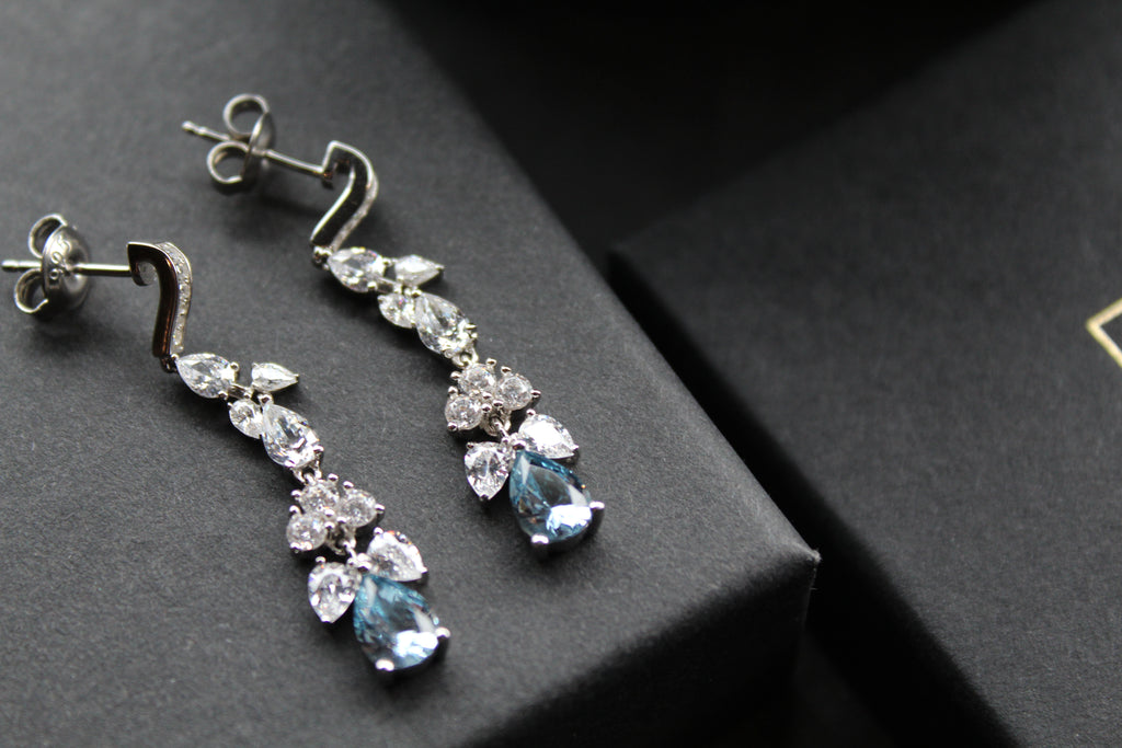 Aquamarine CZ Victorian Floral Earrings
