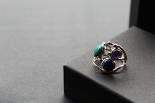 Load image into Gallery viewer, Avant Garde Ring with Tibetan Turquoise, Lapis and Amethyst
