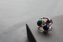 Load image into Gallery viewer, Avant Garde Ring with Tibetan Turquoise, Lapis and Amethyst
