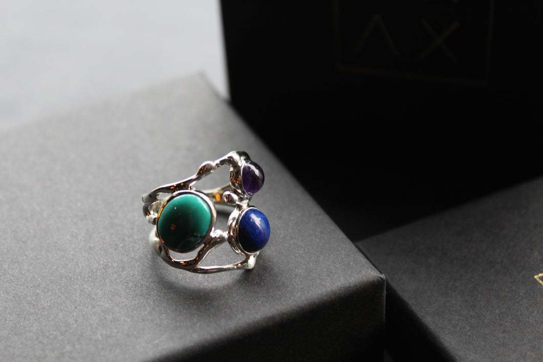 Avant Garde Ring with Tibetan Turquoise, Lapis and Amethyst