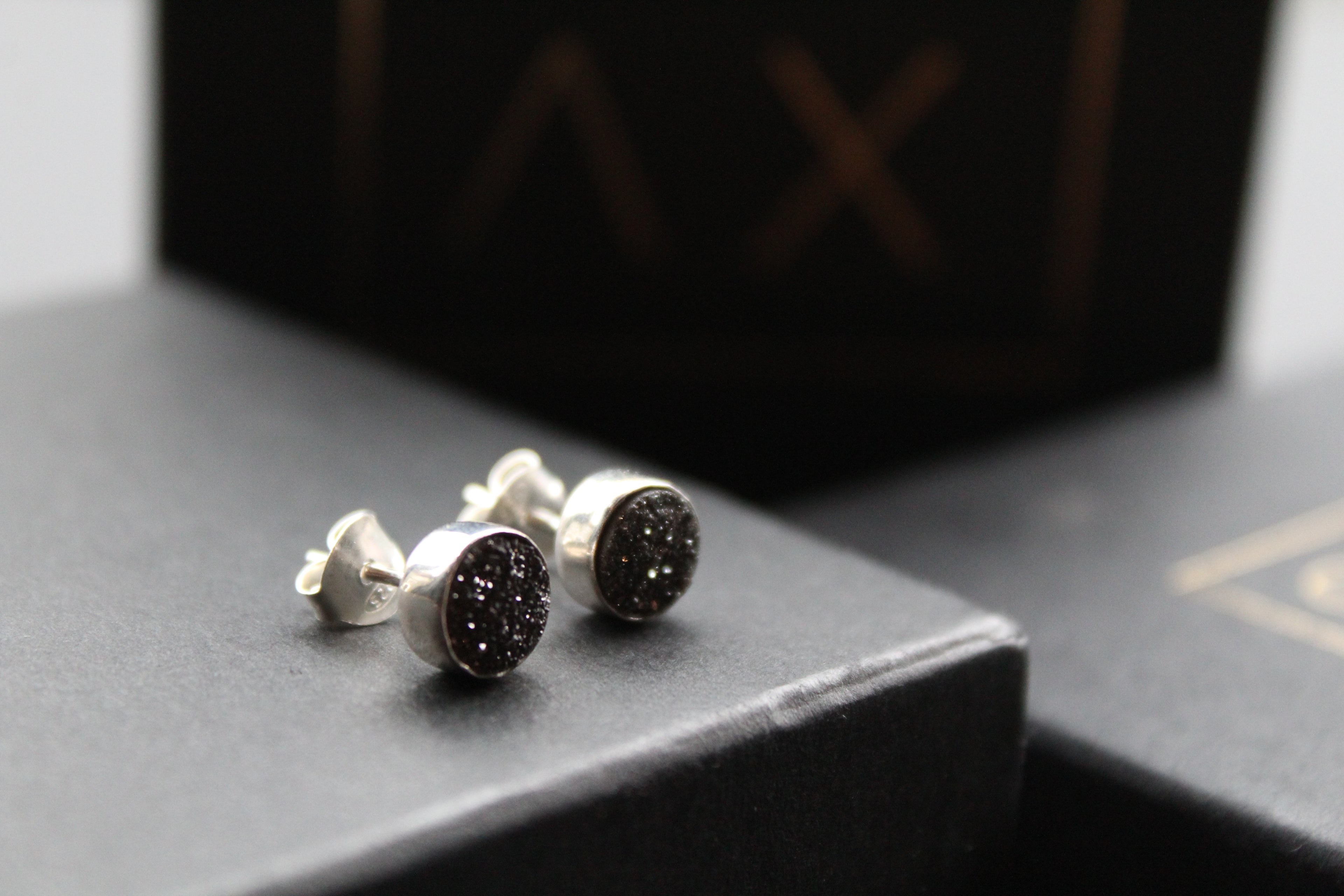 Black Druzy Quartz Stud Earrings