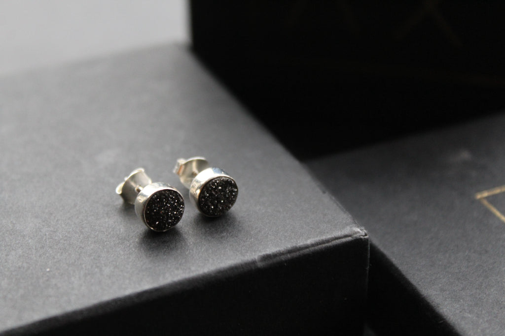 Black Druzy Quartz Stud Earrings
