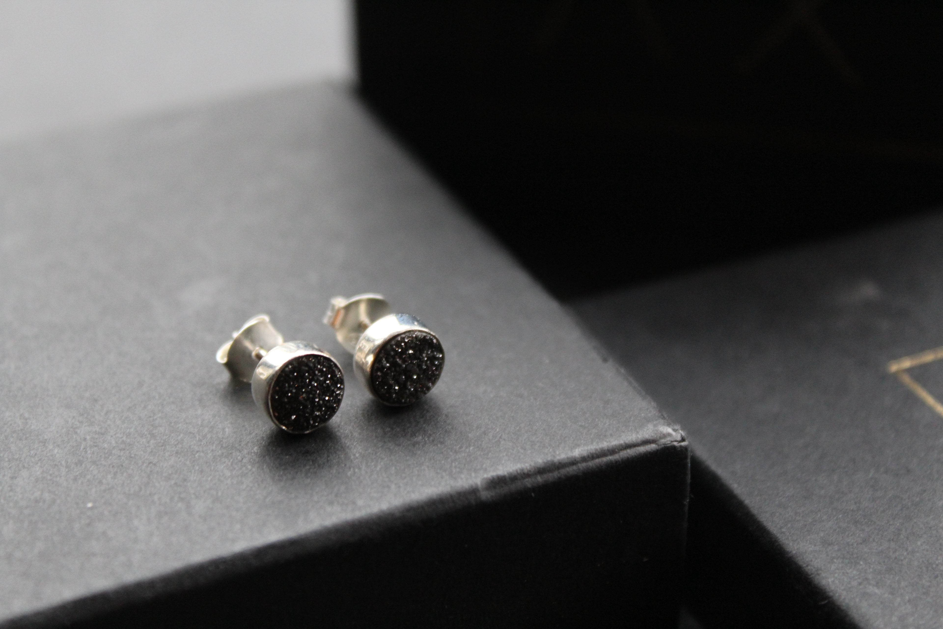 Black Druzy Quartz Stud Earrings