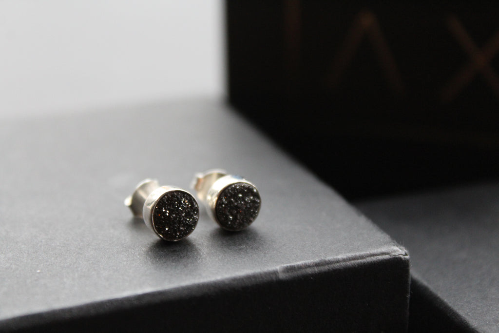 Black Druzy Quartz Stud Earrings