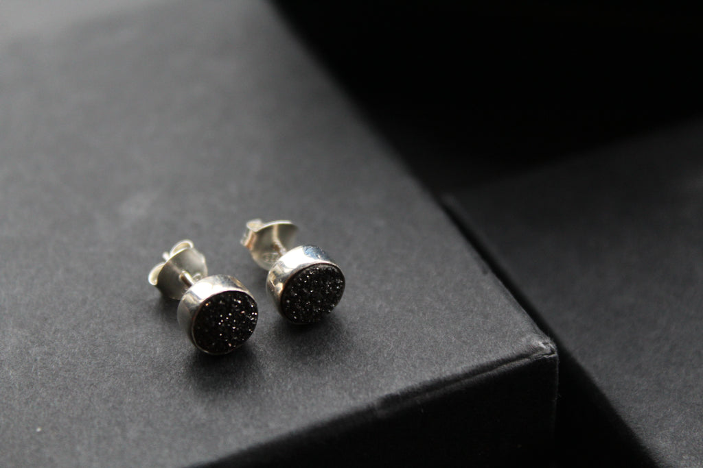 Black Druzy Quartz Stud Earrings