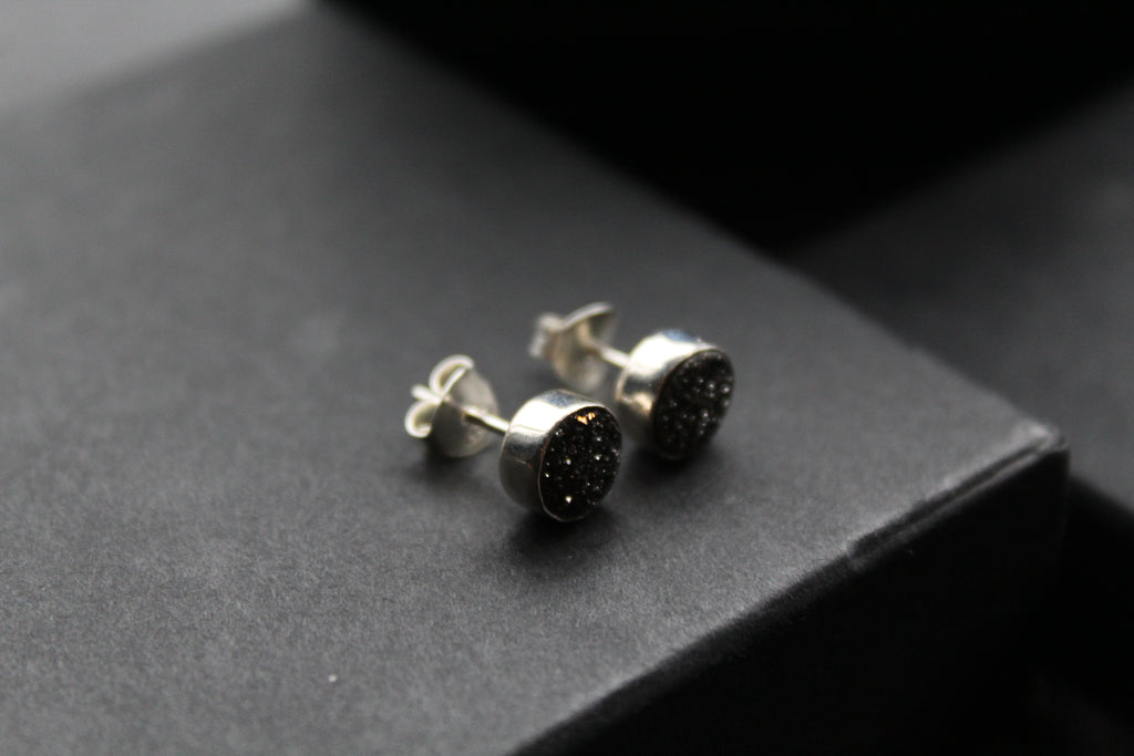 Black Druzy Quartz Stud Earrings