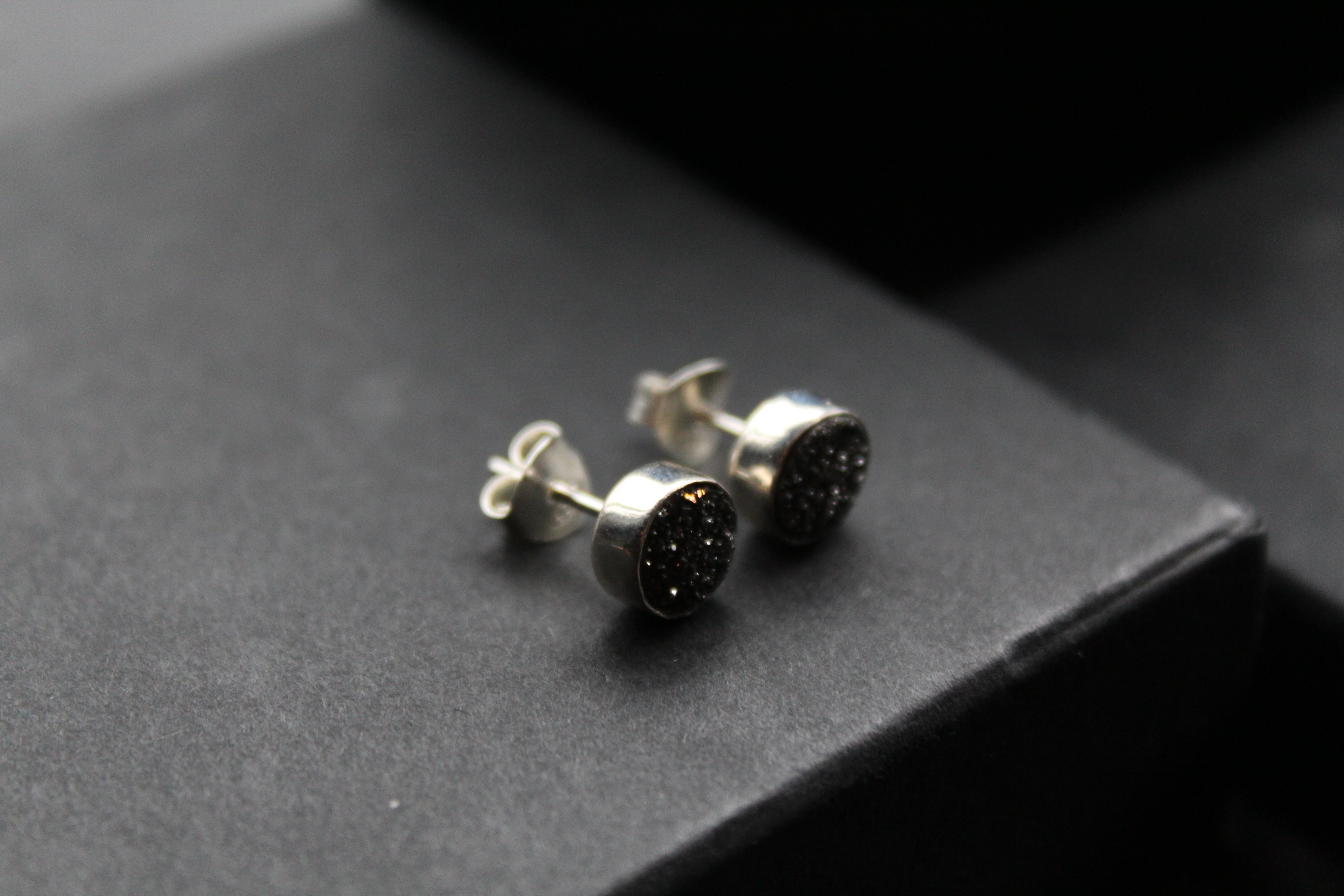 Black Druzy Quartz Stud Earrings