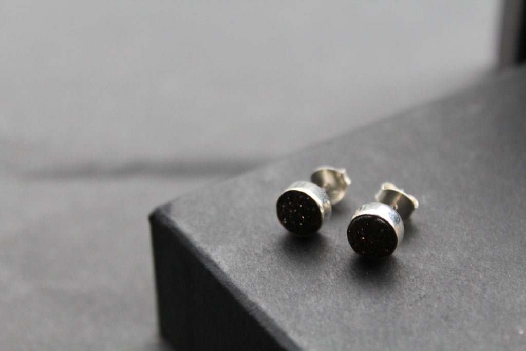 Black Druzy Quartz Stud Earrings