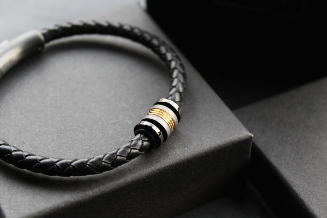 Black Leather Bracelet with Gold Element