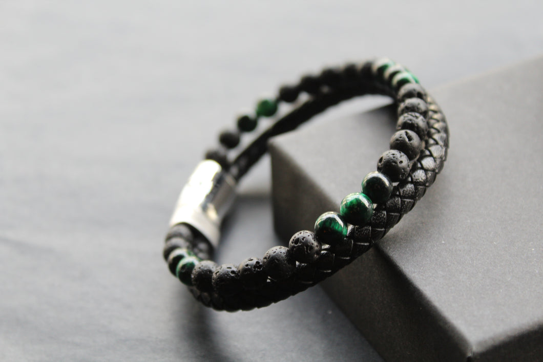 Black Leather Bracelet with Lava Stone/Malachite Beads