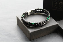 Load image into Gallery viewer, Black Leather Bracelet with Lava Stone/Malachite Beads
