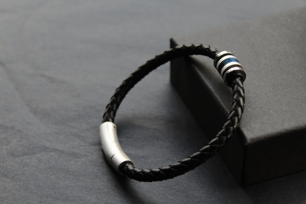 Black Leather Bracelet with Matte & Polished Blue IP Steel Element