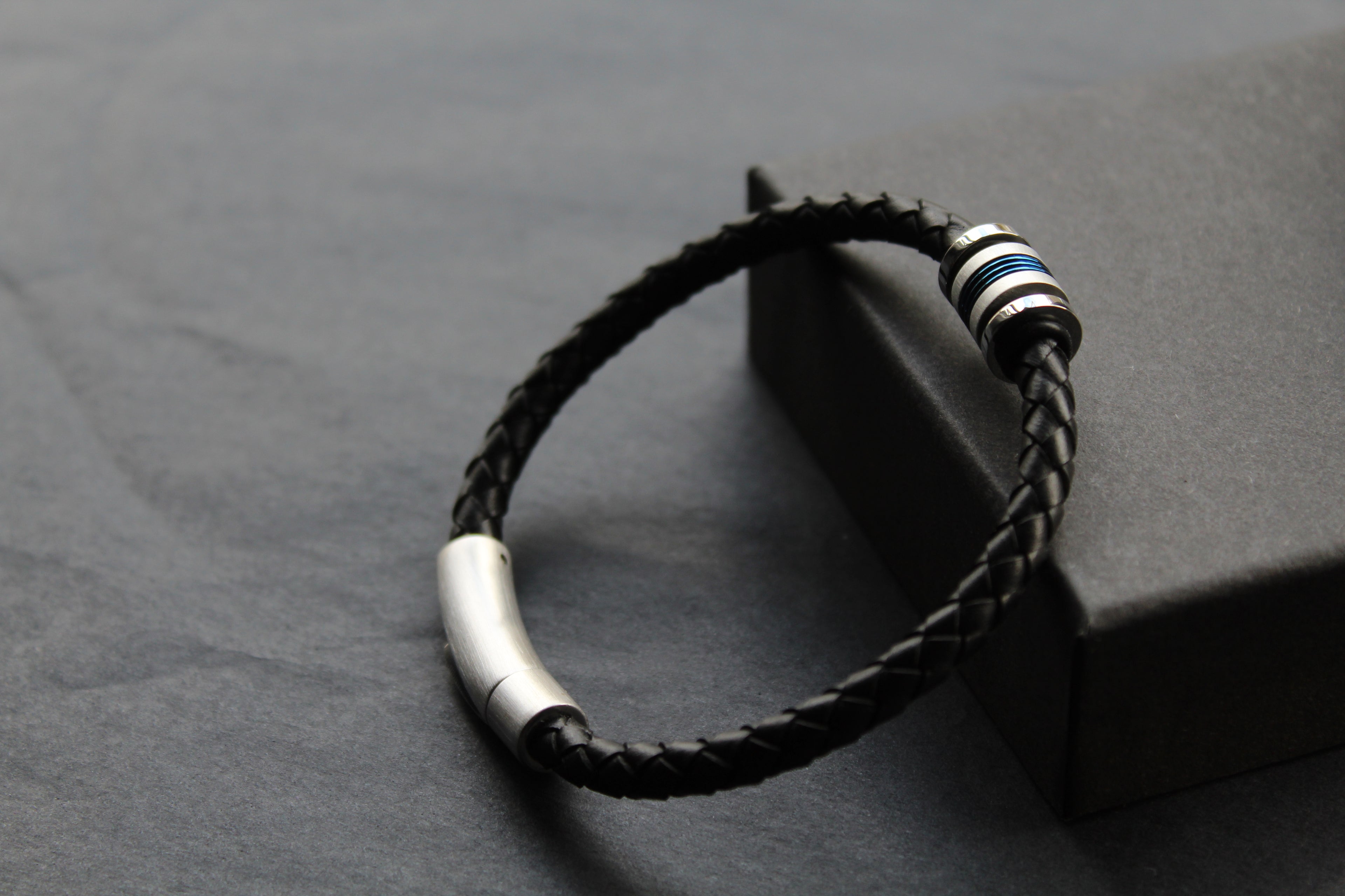 Black Leather Bracelet with Matte & Polished Blue IP Steel Element