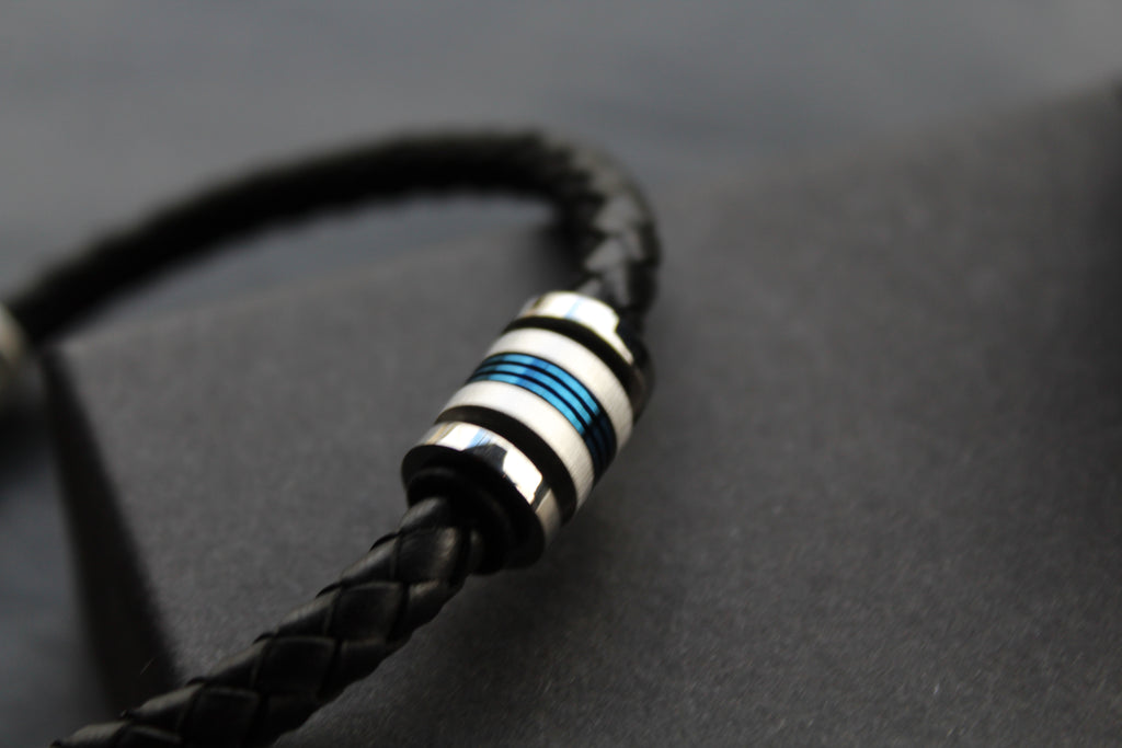 Black Leather Bracelet with Matte & Polished Blue IP Steel Element
