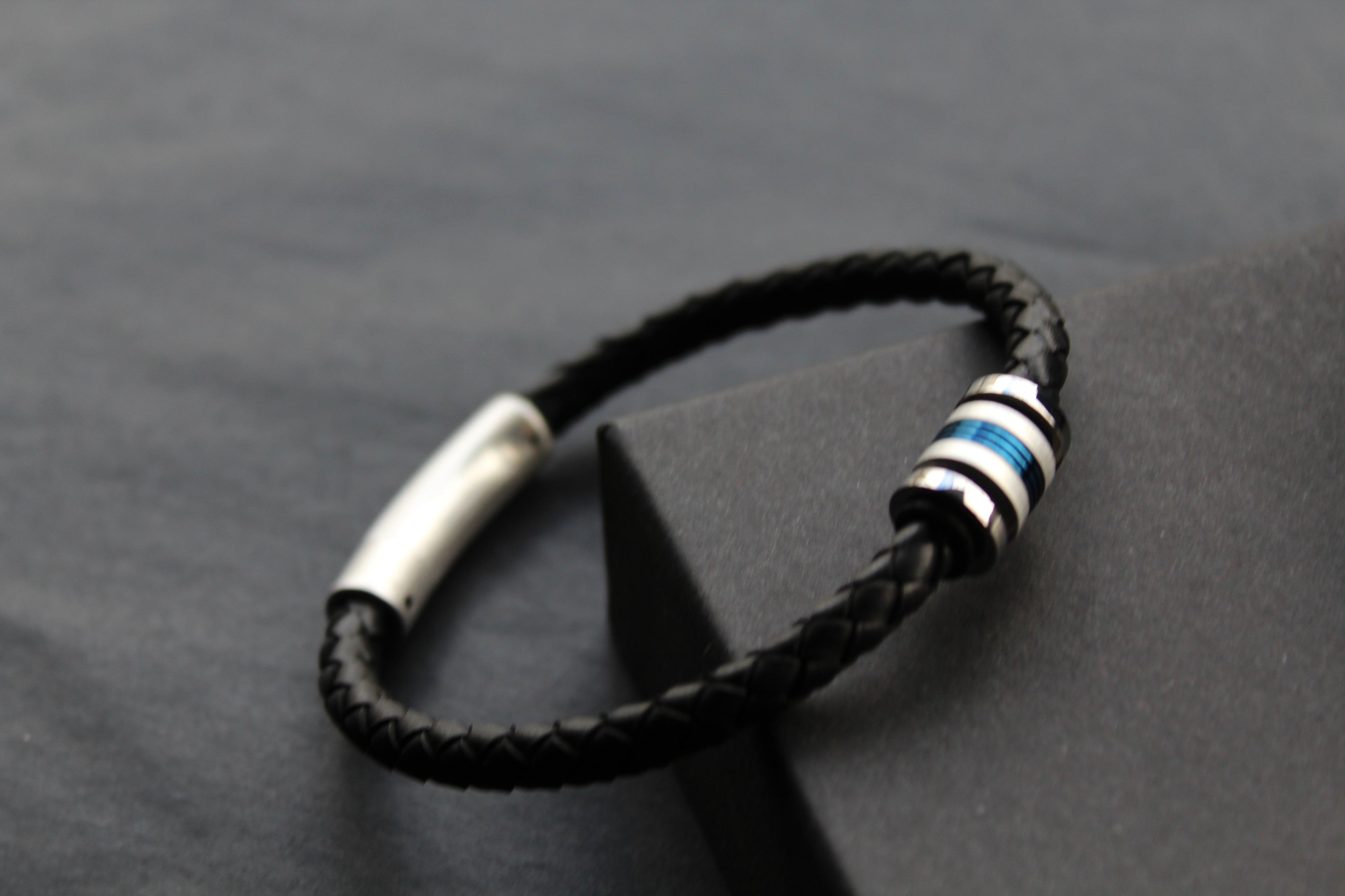 Black Leather Bracelet with Matte & Polished Blue IP Steel Element