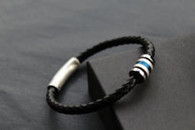 Load image into Gallery viewer, Black Leather Bracelet with Matte &amp; Polished Blue IP Steel Element
