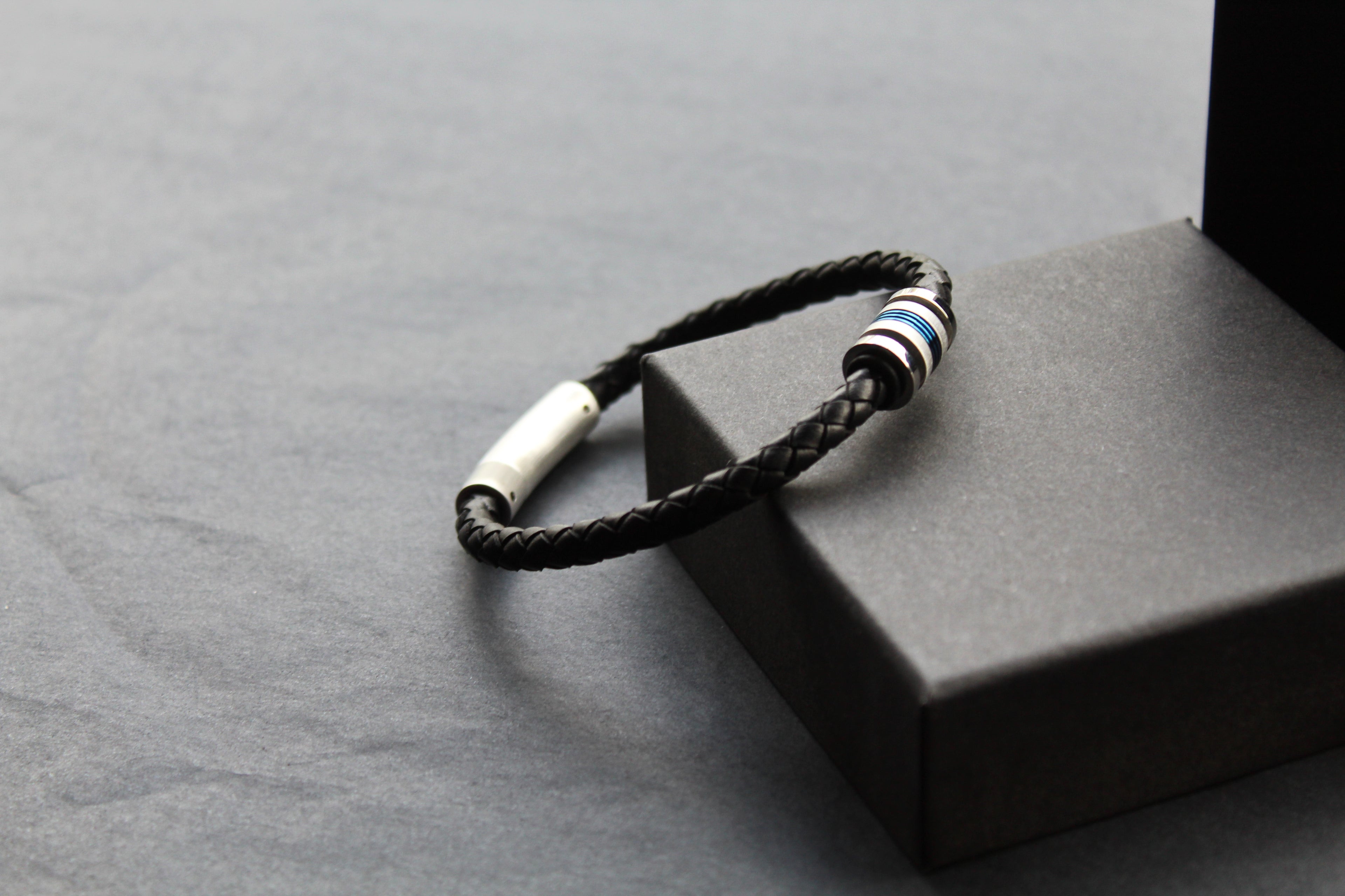 Black Leather Bracelet with Matte & Polished Blue IP Steel Element