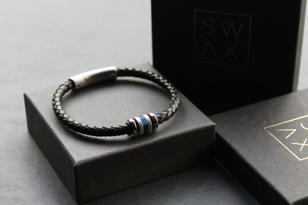 Black Leather Bracelet with Matte & Polished Blue IP Steel Element