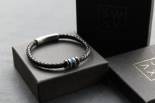 Load image into Gallery viewer, Black Leather Bracelet with Matte &amp; Polished Blue IP Steel Element

