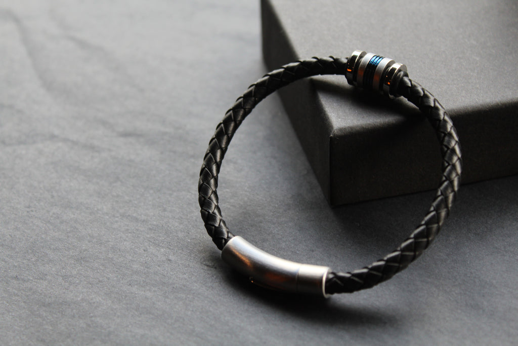 Black Leather Bracelet with Matte & Polished Blue IP Steel Element