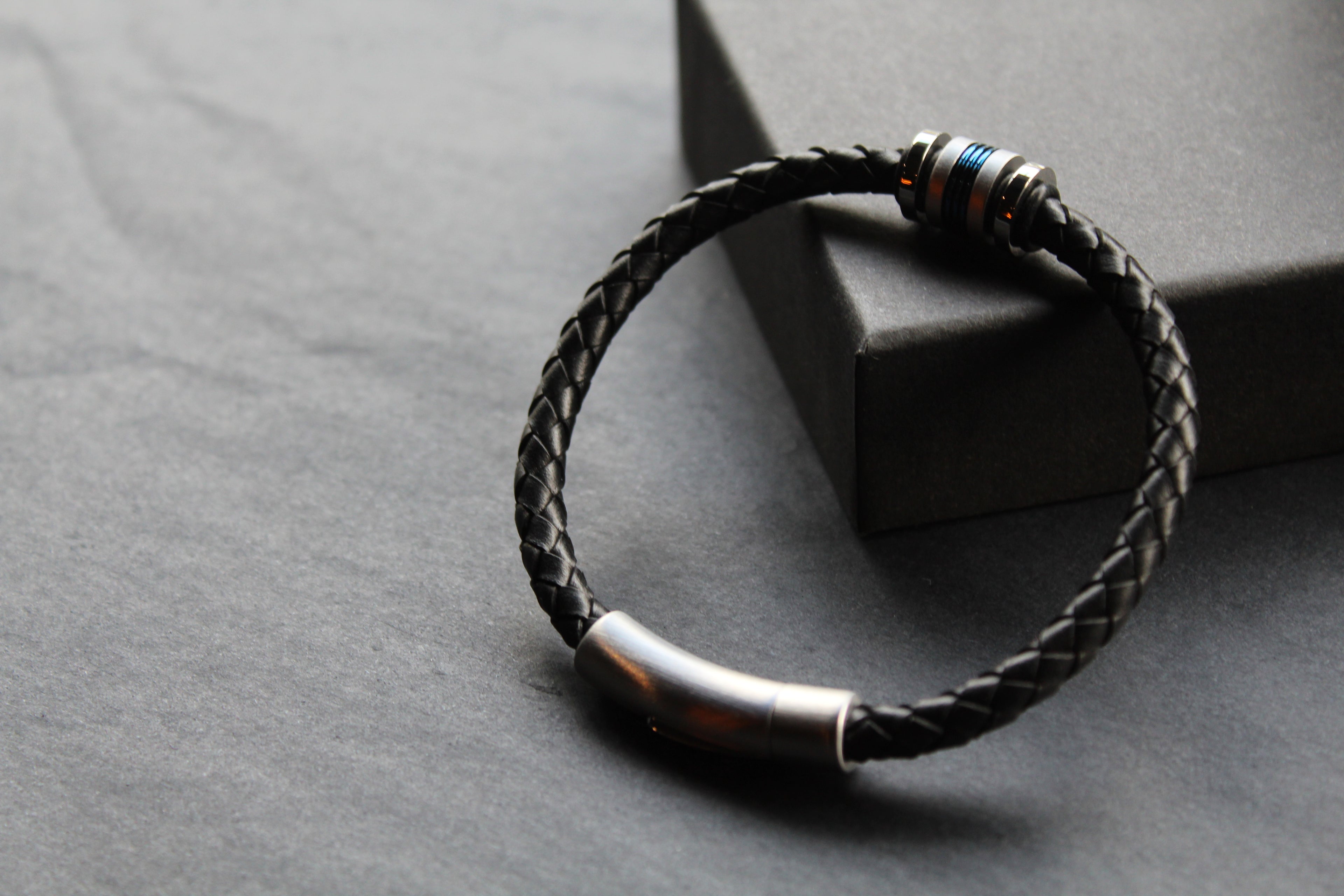 Black Leather Bracelet with Matte & Polished Blue IP Steel Element