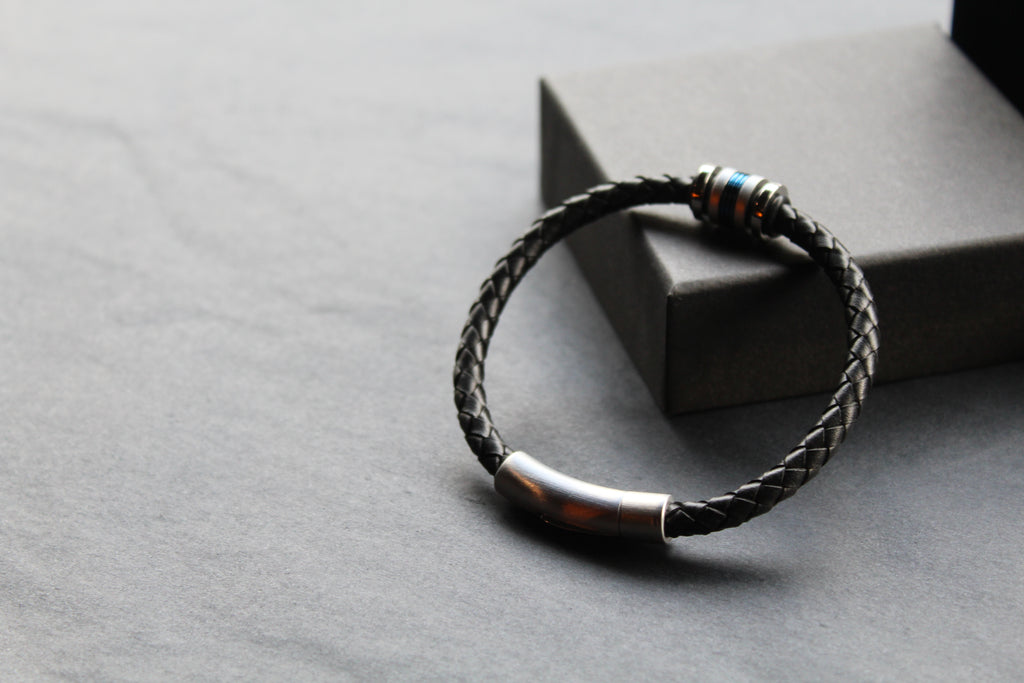 Black Leather Bracelet with Matte & Polished Blue IP Steel Element