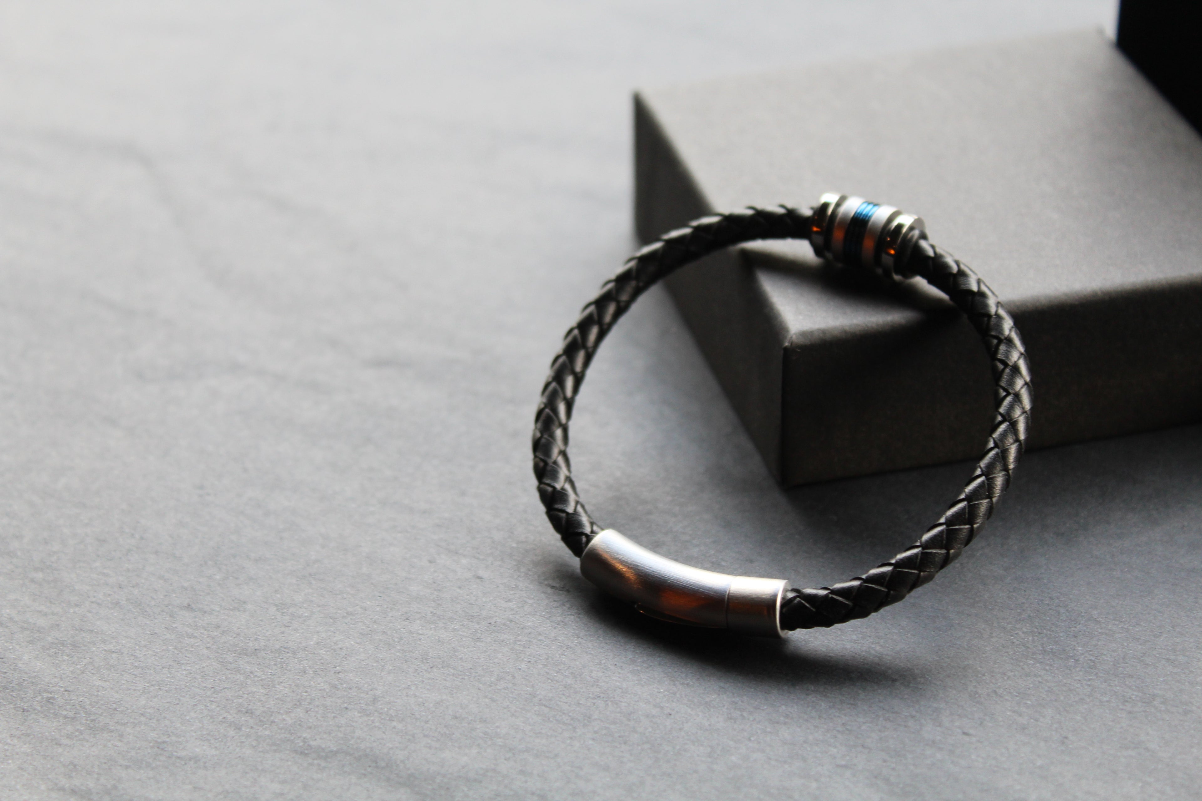 Black Leather Bracelet with Matte & Polished Blue IP Steel Element